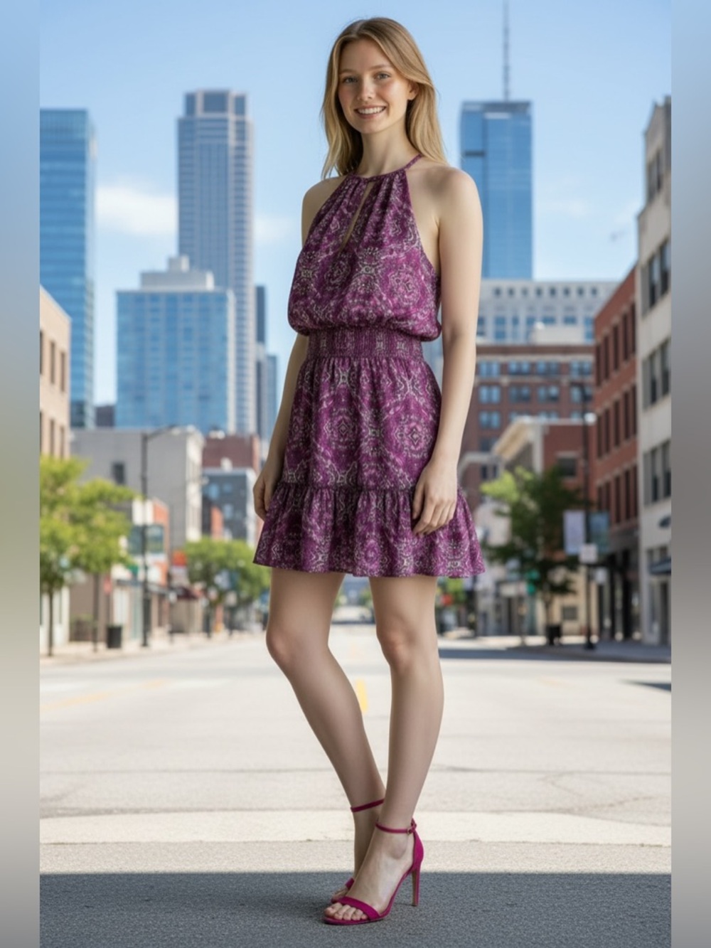 Ramy‎ Brook hot pink Paisley Print Paris Blouson dress sz SP